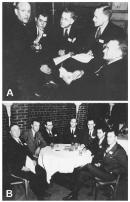 Figure 2. Founding meeting, 1942, Sherman Hotel, Chicago. (A) Left to right: G. L. Clark (Meeting Chairman), James Hillier, O.S. Duffendack, L. A. Matheson, V. K. Zworykin. (B) Left to right: R.T. Dufford, Perry C. Smith, unidentified, Ernest F. Fullam, W.G. Kinsinger, M. Charles Banca, unidentified.