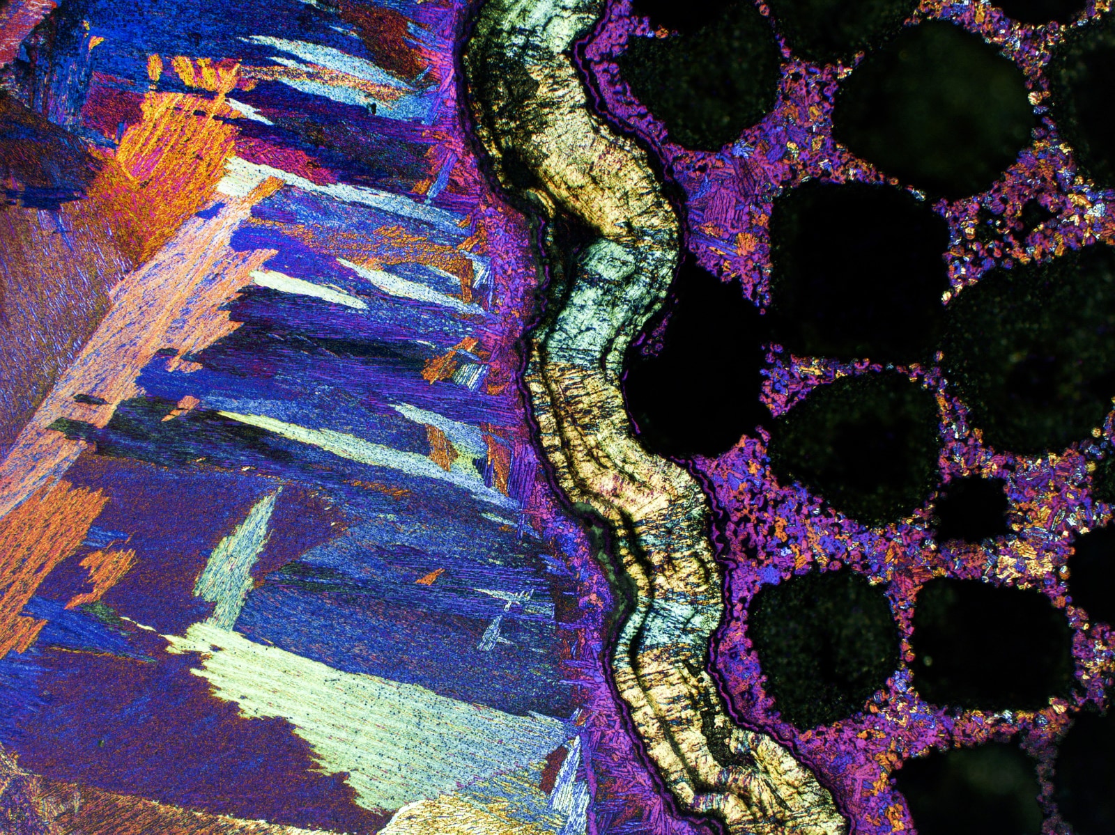 MT Micrograph 2025 Awards Finalist. Cross-section of an interface in a composite of Ti-6Al-4V and graphite. Ti-6Al-4V is an alpha-beta titanium alloy with high specific strength and excellent corrosion resistance. Polarized light microscopy.  Image by Lukasz Boron, Krakow Institute of Technology